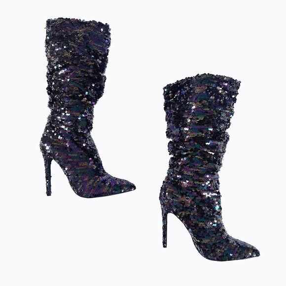 Purple Hologram Sequin Stilettos Sz 8 Slouchy Iridescent Metallic Y2K Rave Party - Picture 2 of 9